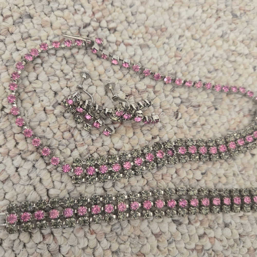 Rare! Vintage Pink and Silver Rhinestone Jewelry Set